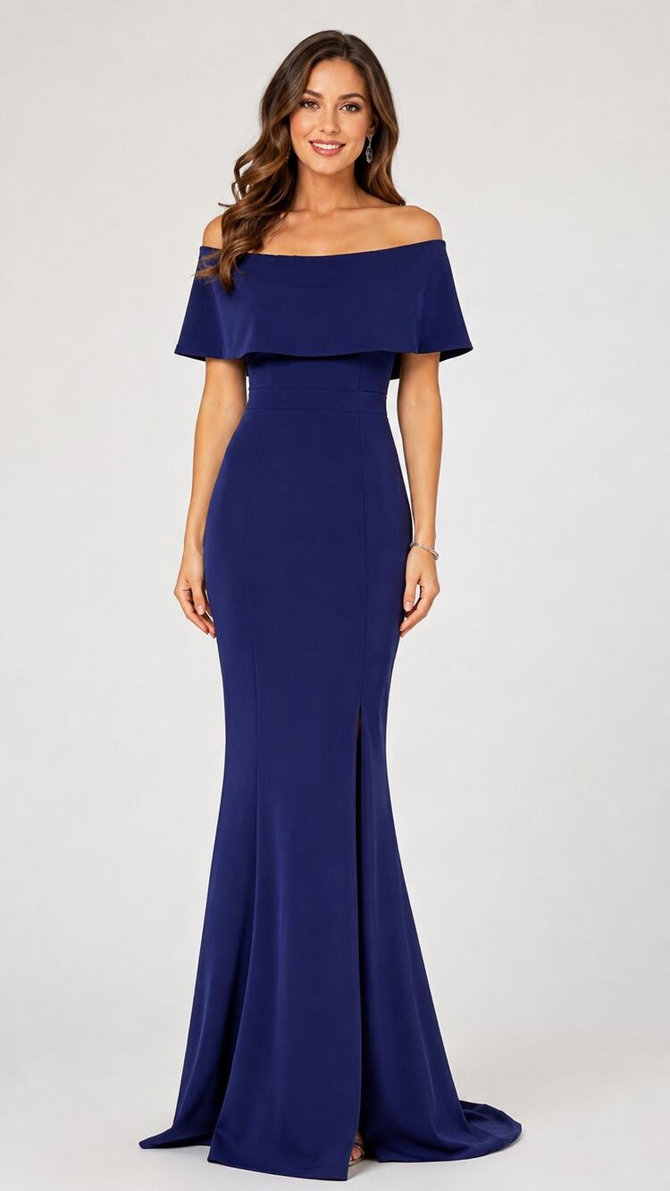 Xscape Off Shoulder Evening Gown Maxi Dress Navy Blue Womens Size 6 New Formal